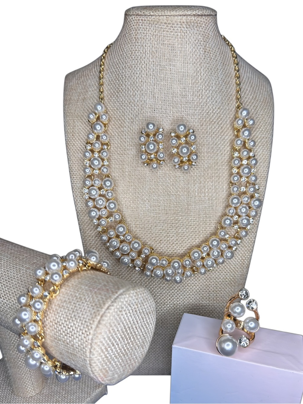 Gold Pearl Cluster Necklace Set with Earrings, Bracelet and Ring